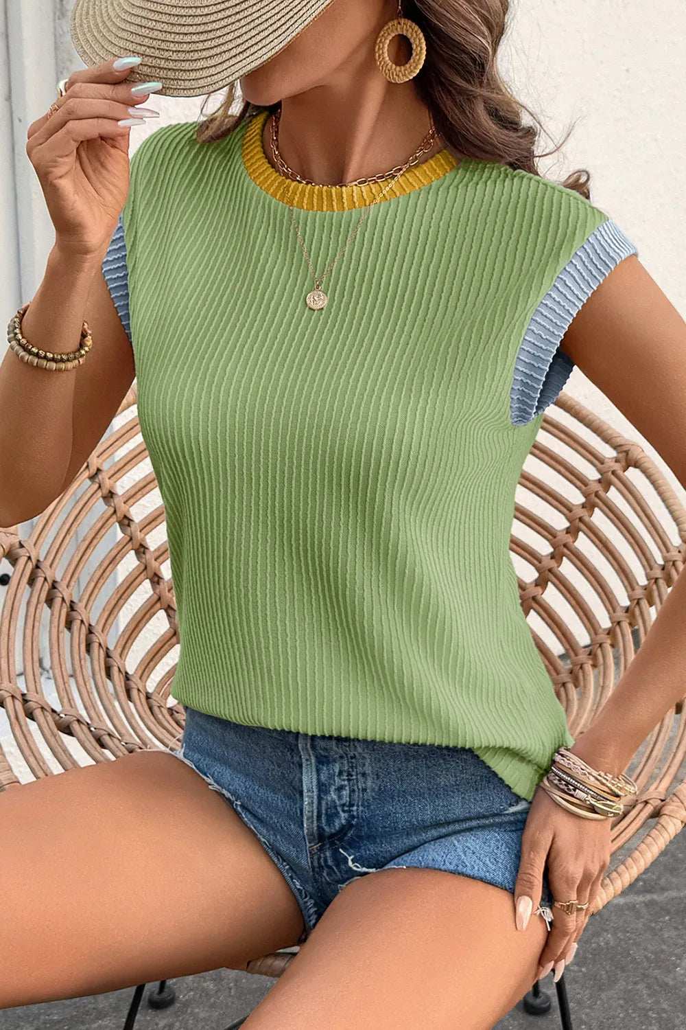 Contrast Trim Ribbed Knit Sleeveless Top - Trendsi - Flyclothing LLC