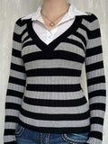 Contrast Collar Striped Long Sleeve Knit Top - Trendsi - Flyclothing LLC