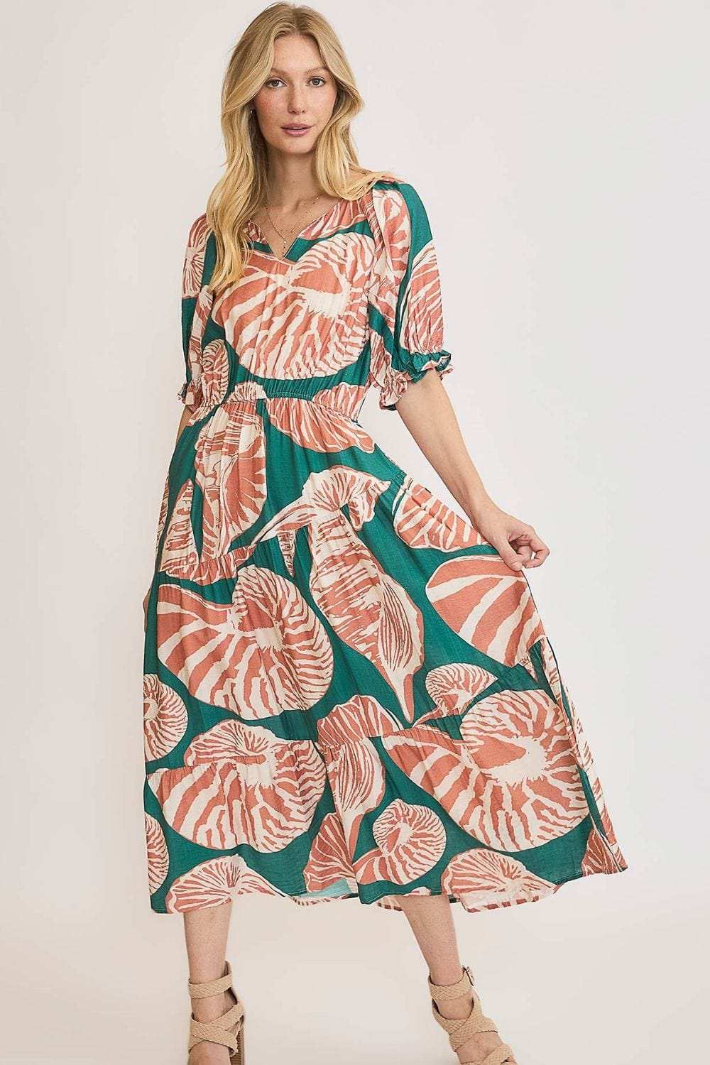 Umgee Full Size Printed Notched Puff Sleeve Midi Dress Plus Size - Trendsi - Flyclothing LLC