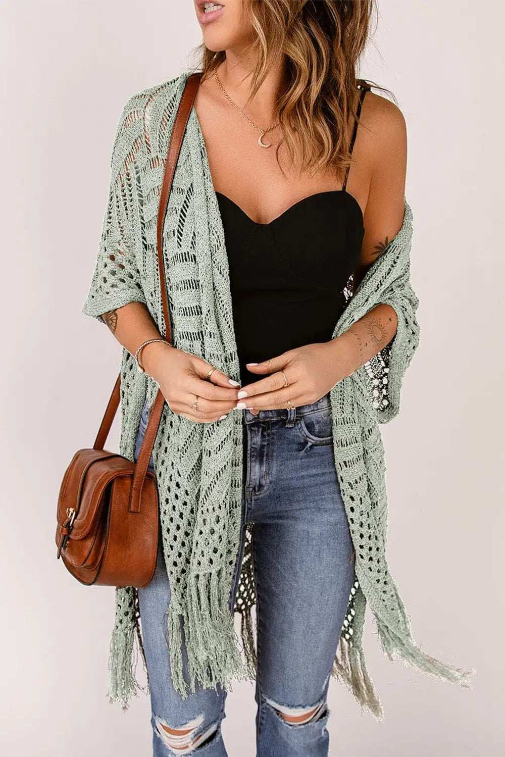 Openwork Open Front Cardigan with Fringes - Trendsi - Flyclothing LLC