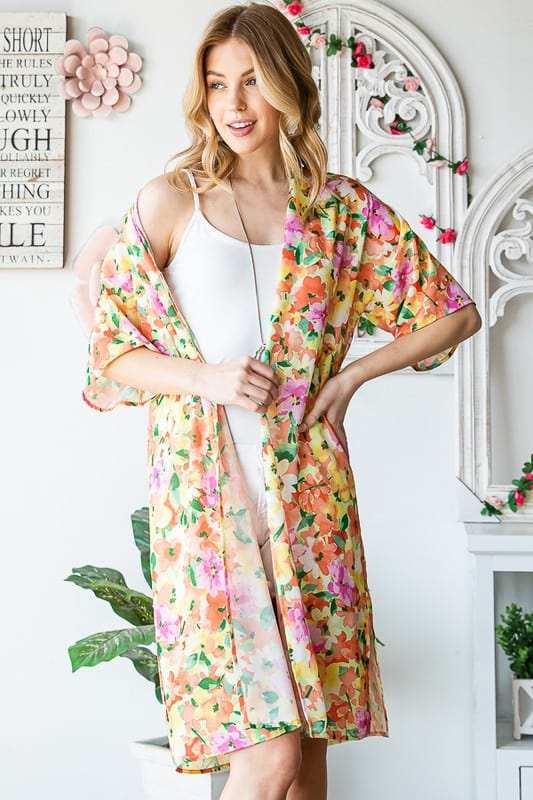 Heimish Full Size Half Sleeve Multi Color Floral Open Cardigan Plus Size - Trendsi - Flyclothing LLC