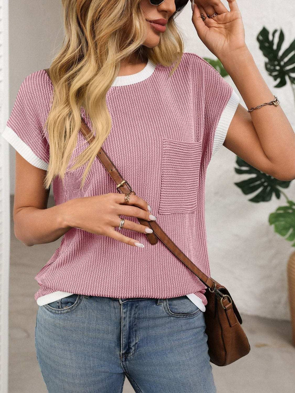 Contrast Trim Round Neck Short Sleeve T-Shirt - Trendsi - Flyclothing LLC