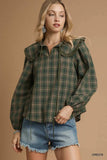 Umgee Full Size Plaid Ruffle Collar Blouse Plus Size - Trendsi - Flyclothing LLC