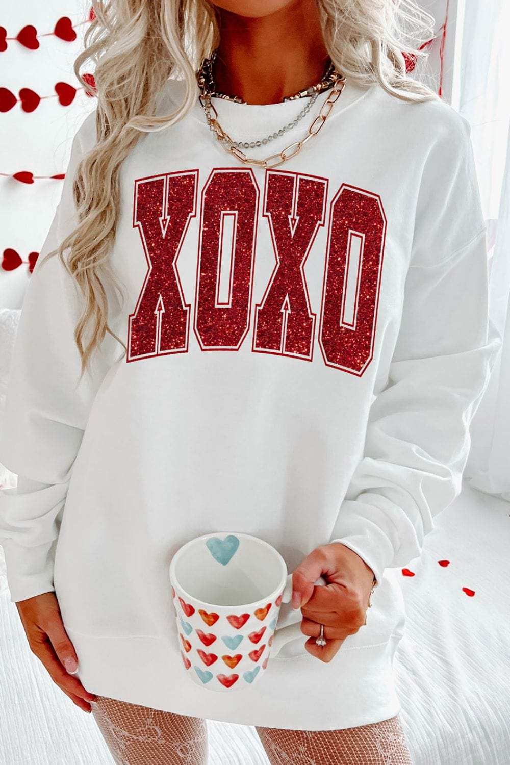 Valentine’s Day XOXO Glitter Round Neck Sweatshirt - Trendsi - Flyclothing LLC