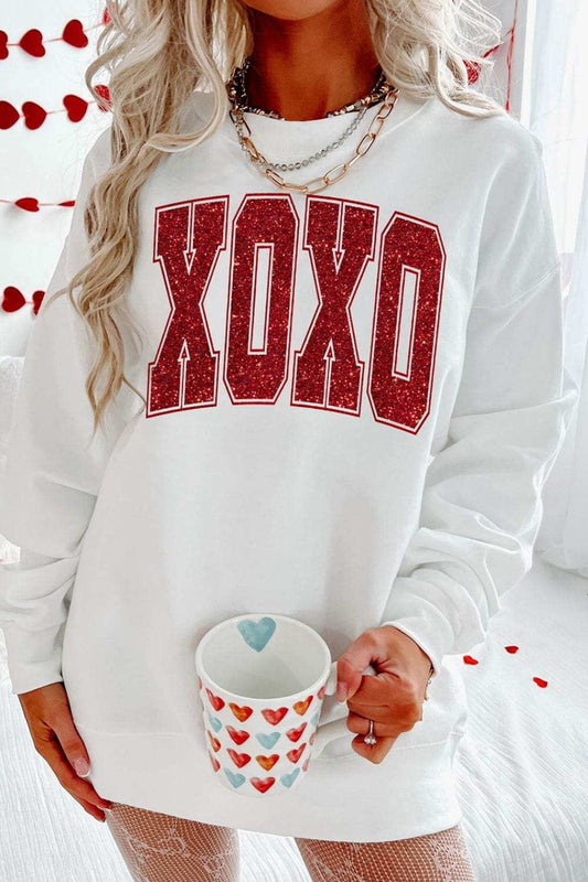 Valentine’s Day XOXO Glitter Round Neck Sweatshirt - Trendsi - Flyclothing LLC