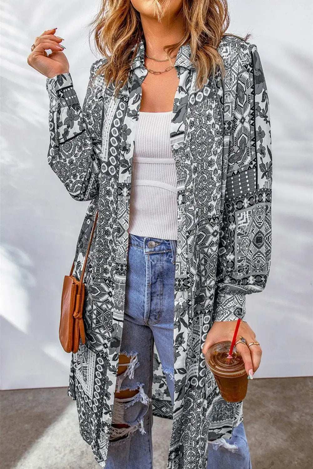 Printed Button Up Long Sleeve Cardigan - Trendsi - Flyclothing LLC