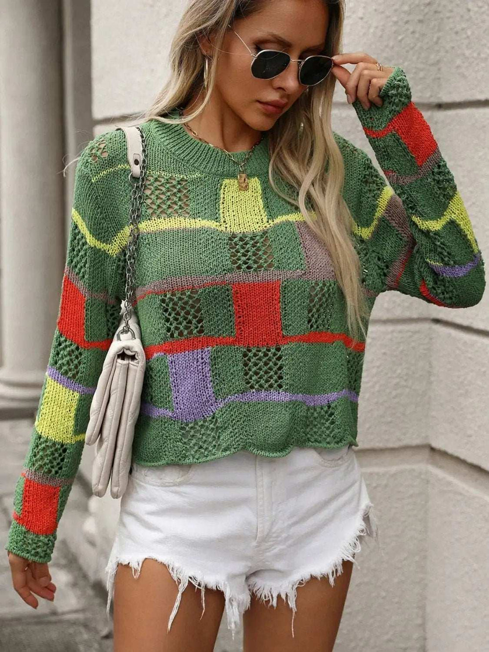 Openwork Color Block Round Neck Sweater - Trendsi - Flyclothing LLC