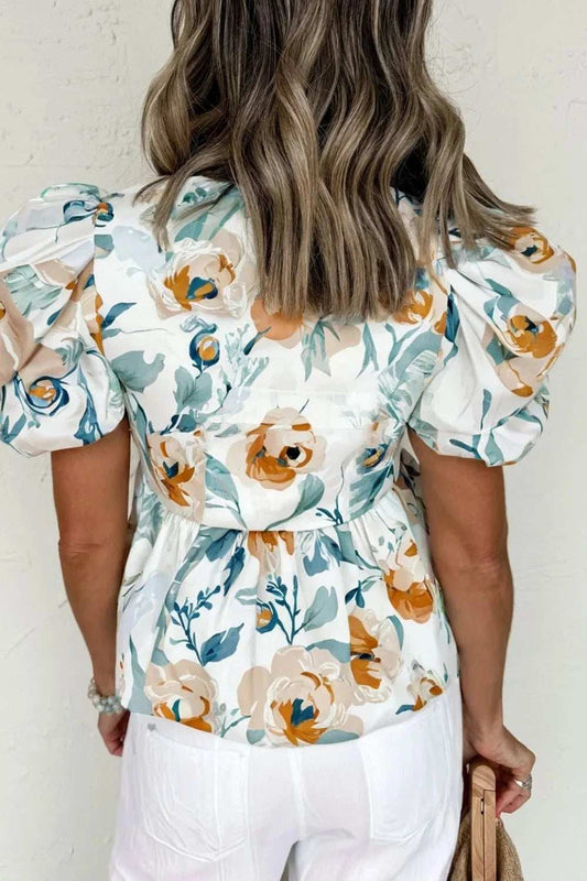 Floral Print Puff Sleeve V Neck Babydoll Blouse - Trendsi - Flyclothing LLC