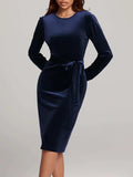 Round Neck Tie Waist Long Sleeve Velvet Dress - Trendsi - Flyclothing LLC