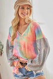BiBi V Neck Tie Dye French Terry Top with Shiny - Trendsi - Flyclothing LLC