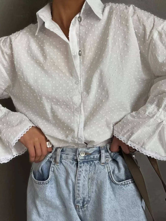 Swiss Dot Flounce Sleeve Shirt - Trendsi - Flyclothing LLC