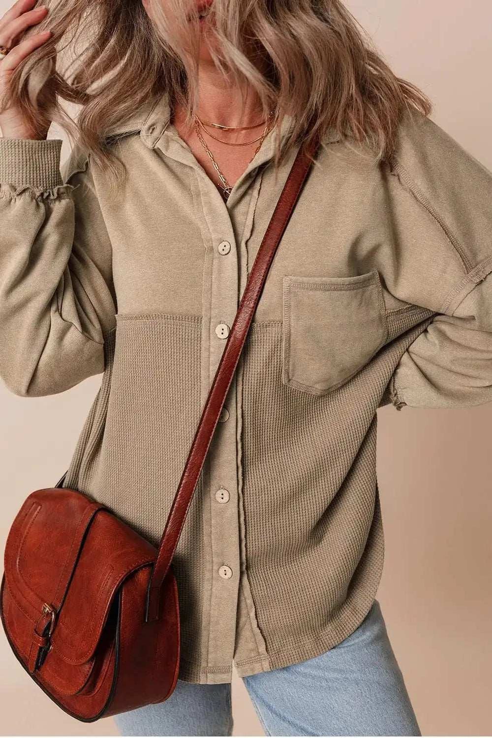 Waffle-Knit Collared Neck Long Sleeve Shacket - Trendsi - Flyclothing LLC