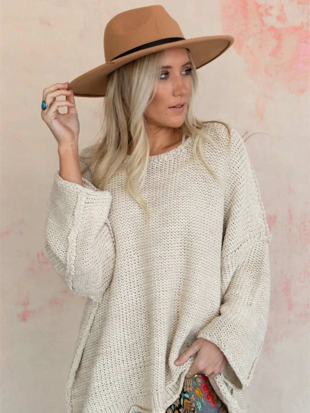 Round Neck Oversized Knit Top with Relaxed Fit - Trendsi - Flyclothing LLC