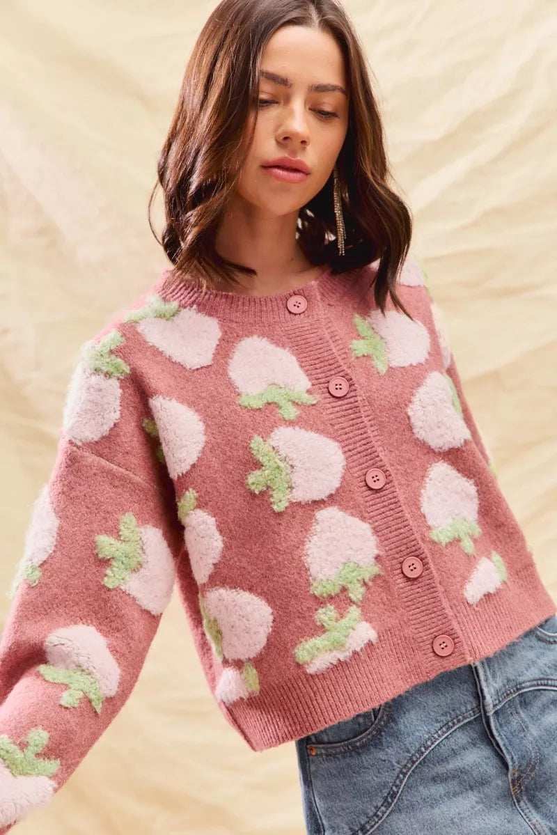 SO ME Strawberry Fruit All Over Button Sweater Cardigan - Trendsi - Flyclothing LLC