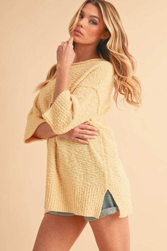 Aemi + Co Side Slit Ribbed Hem Round Neck Sweater - Trendsi - Flyclothing LLC