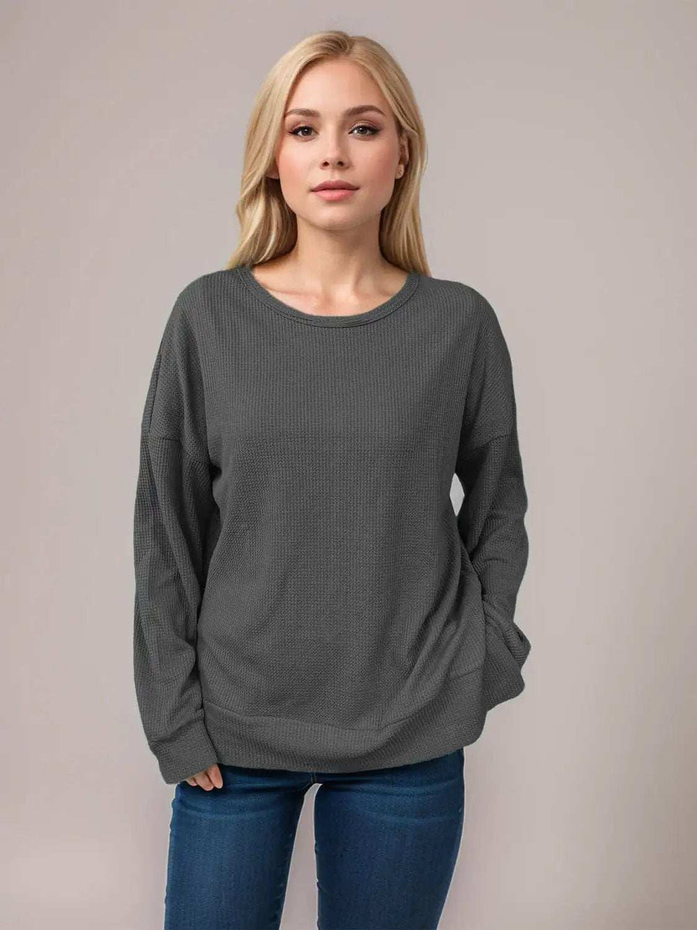 Side Slit Round Neck Long Sleeve T-Shirt - Trendsi - Flyclothing LLC