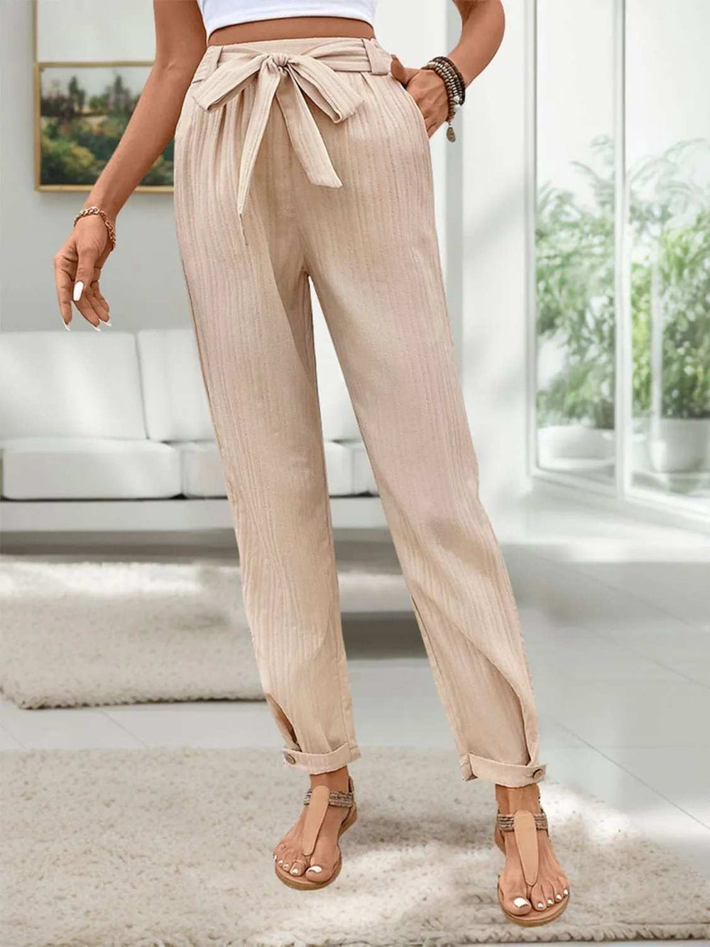 Tied High Waist Pants - Trendsi - Flyclothing LLC