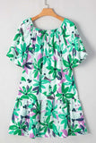 Floral Print Shirred Square Neck Loose Fit Mini Dress - Trendsi - Flyclothing LLC