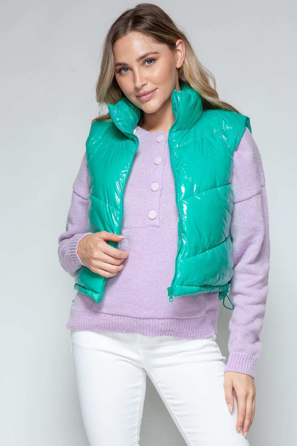 Snobbish Zip Up Turtleneck Shiny Quilted Vest - Trendsi - Flyclothing LLC
