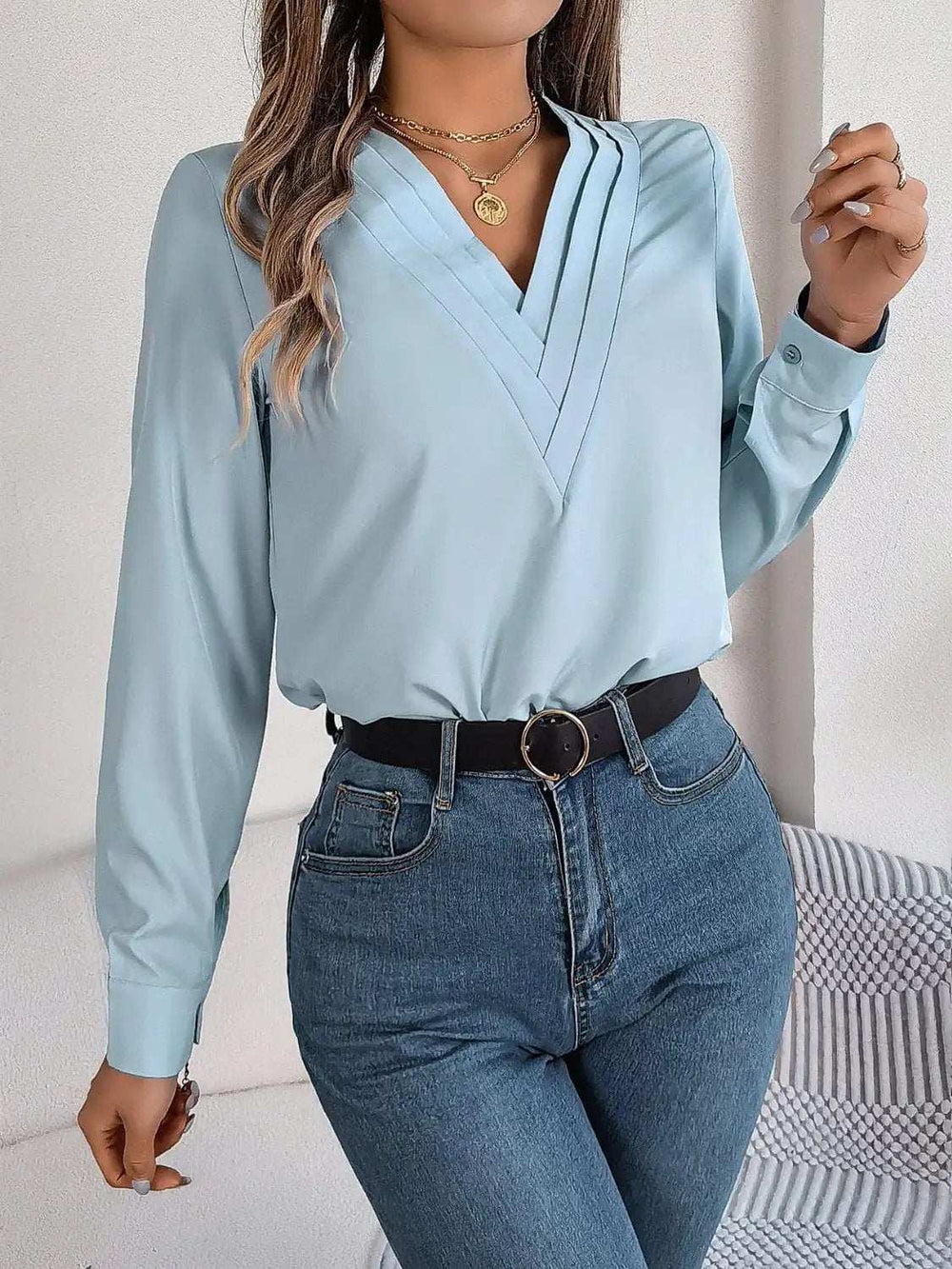 V-Neck Long Sleeve Blouse - Trendsi - Flyclothing LLC