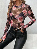 Mesh Floral Mock Neck Long Sleeve Top - Trendsi - Flyclothing LLC