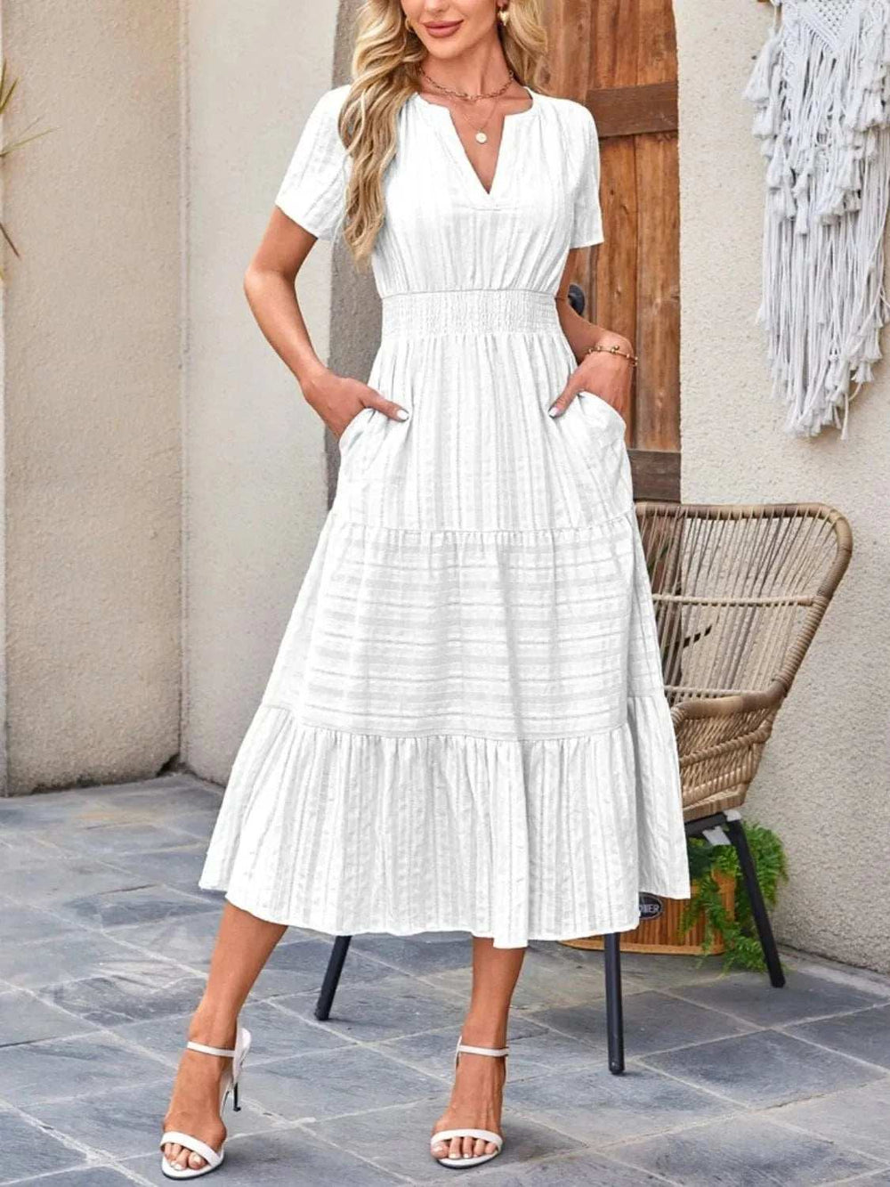 Tiered Notched Short Sleeve Dress - Trendsi - Flyclothing LLC