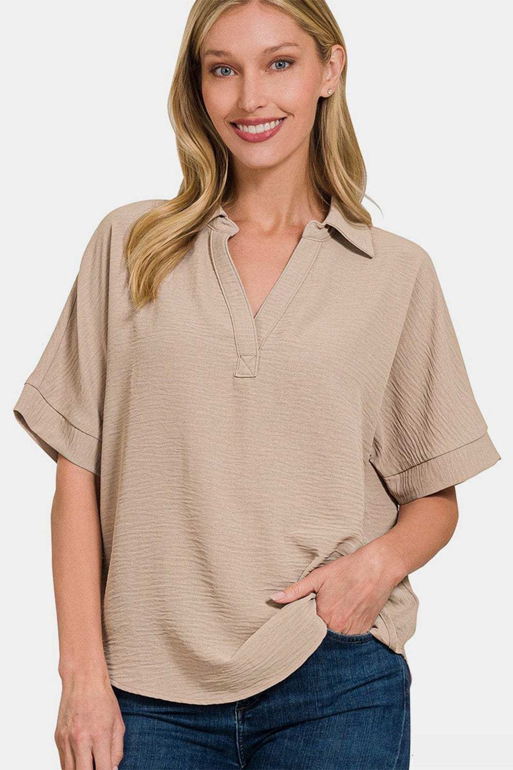 Zenana Texture Collared Neck Short Sleeve Top - Trendsi - Flyclothing LLC
