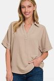 Zenana Texture Collared Neck Short Sleeve Top - Trendsi - Flyclothing LLC