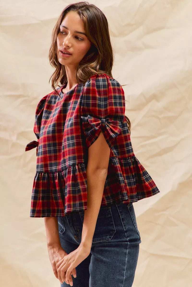 SO ME Christmas Holiday Plaid Ribbon Short Sleeves Top - Trendsi - Flyclothing LLC