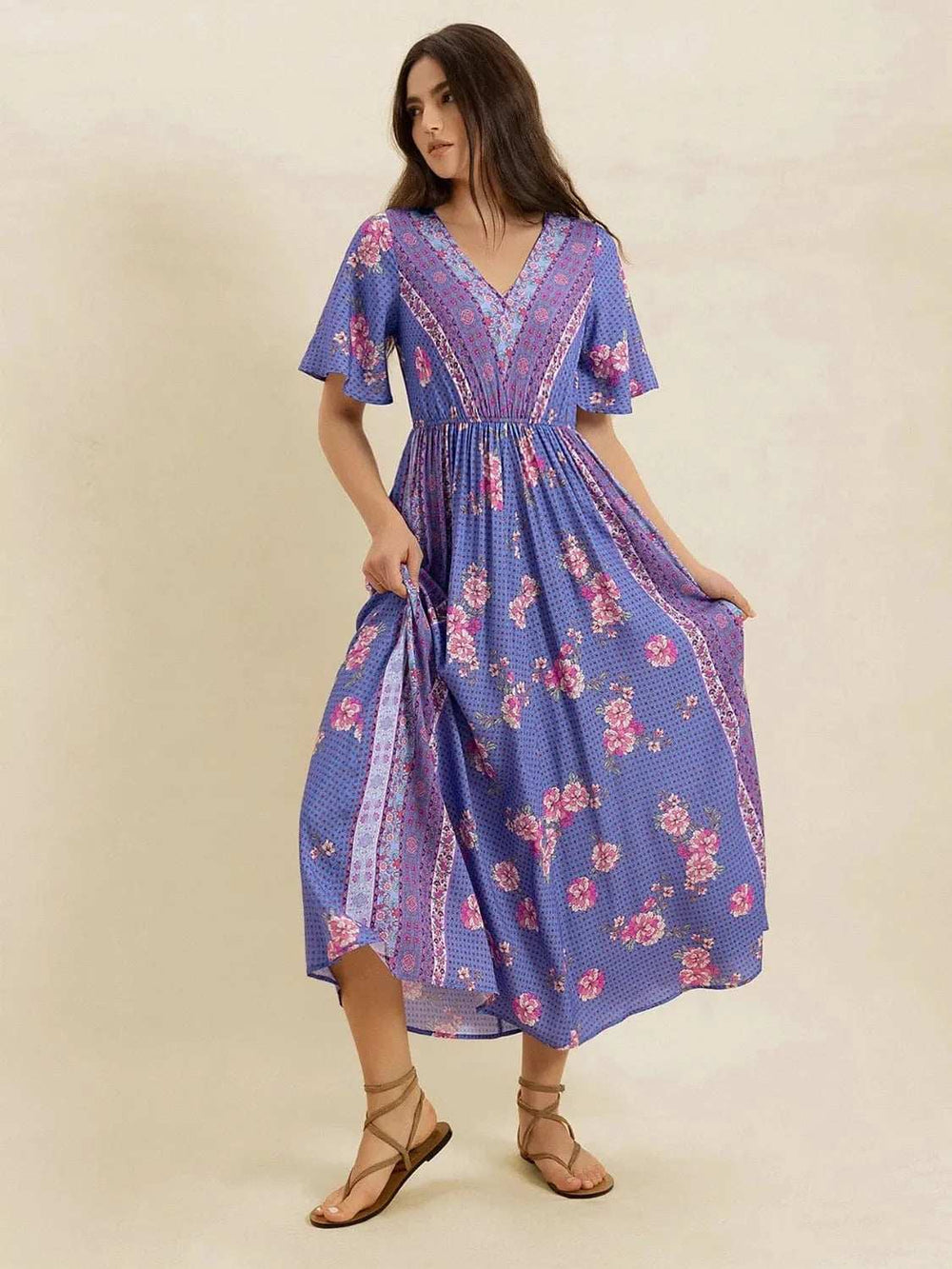 Printed Short Sleeve Midi Dress - Trendsi - Flyclothing LLC