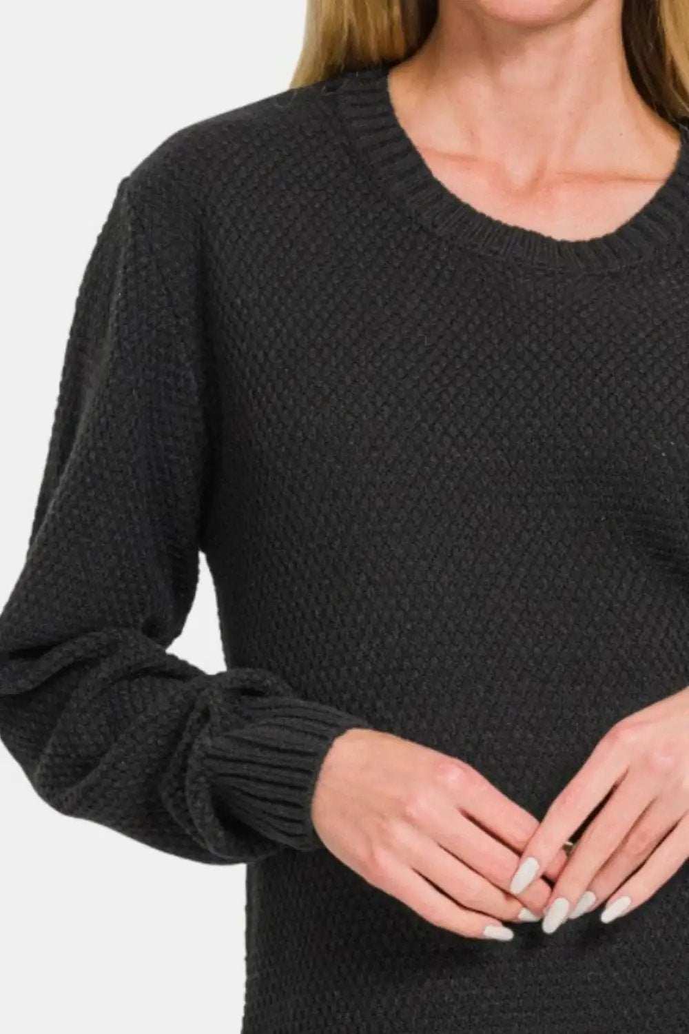 Zenana Ful Size Round Neck Long Sleeve Curved Hem Sweater - Trendsi - Flyclothing LLC
