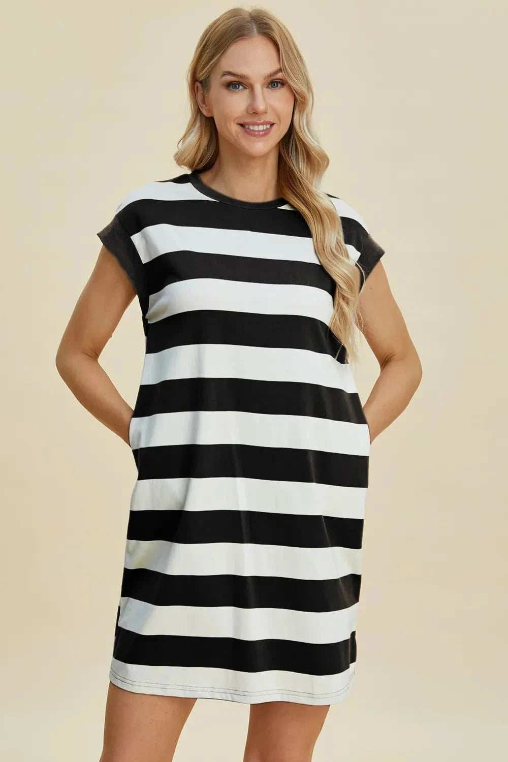 Basic Bae Full Size Striped Round Neck Cap Sleeve Mini Dress - Trendsi - Flyclothing LLC