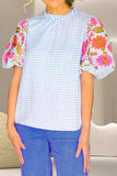 Embroidered Plaid Round Neck Short Sleeve Blouse - Trendsi - Flyclothing LLC