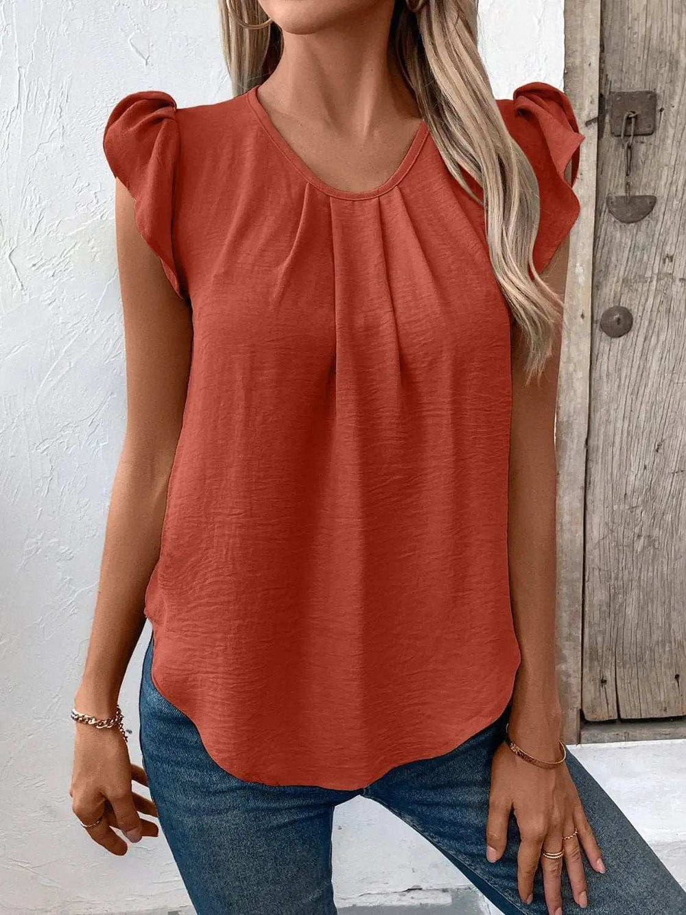 Ruched Round Neck Cap Sleeve Blouse - Trendsi - Flyclothing LLC