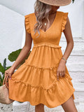Ruffled V-Neck Cap Sleeve Dress - Trendsi - Flyclothing LLC