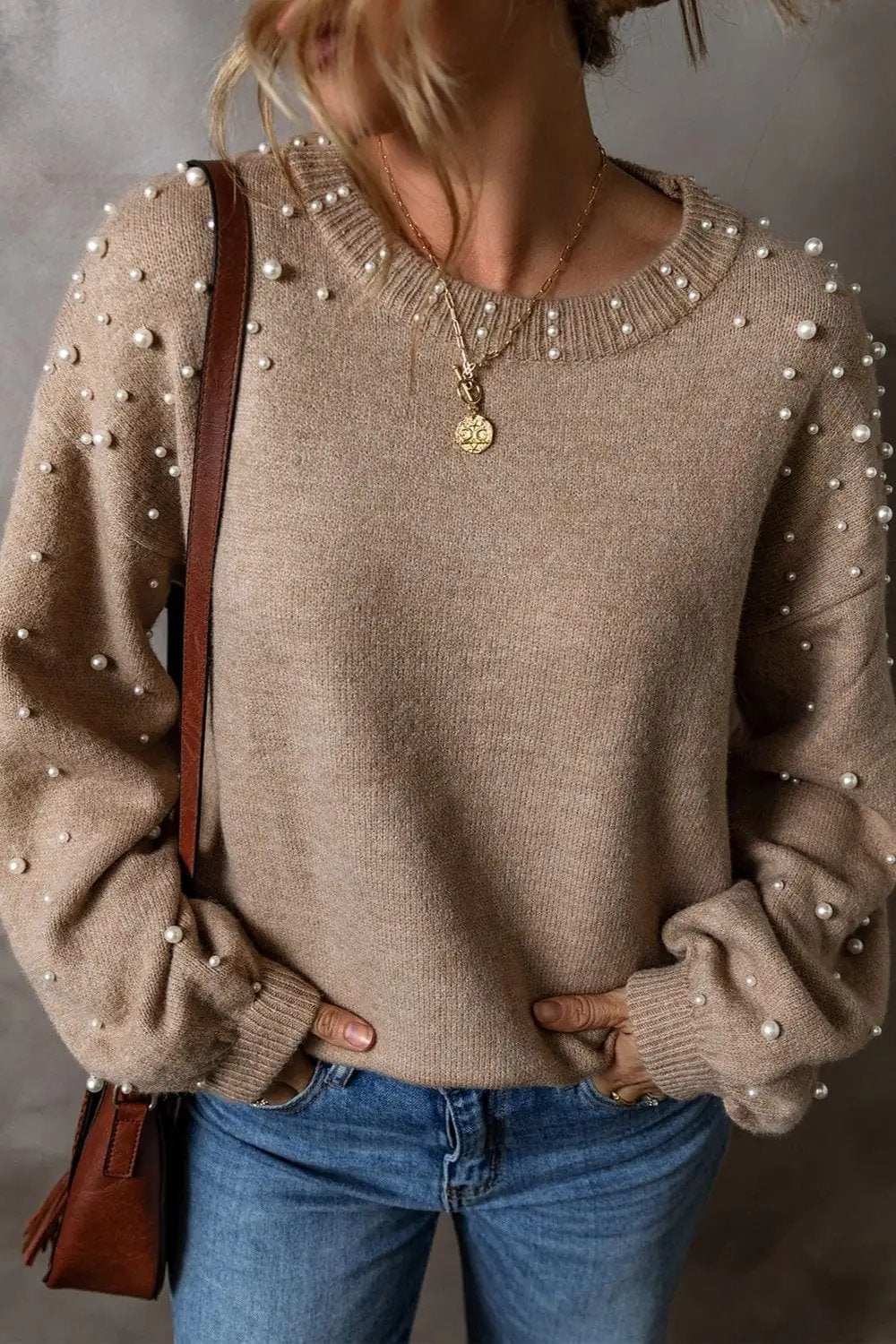 Pearl Detail Round Neck Long Sleeve Sweater - Trendsi - Flyclothing LLC