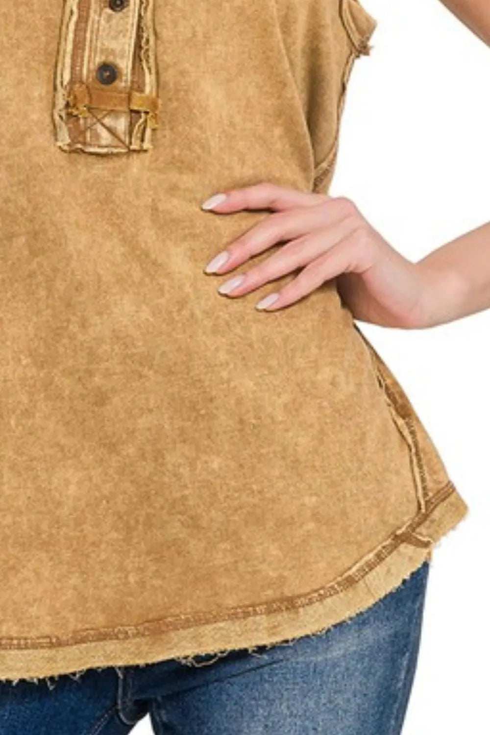 Zenana Washed Half-button Raw Edge Sleeveless Henley Top - Trendsi - Flyclothing LLC