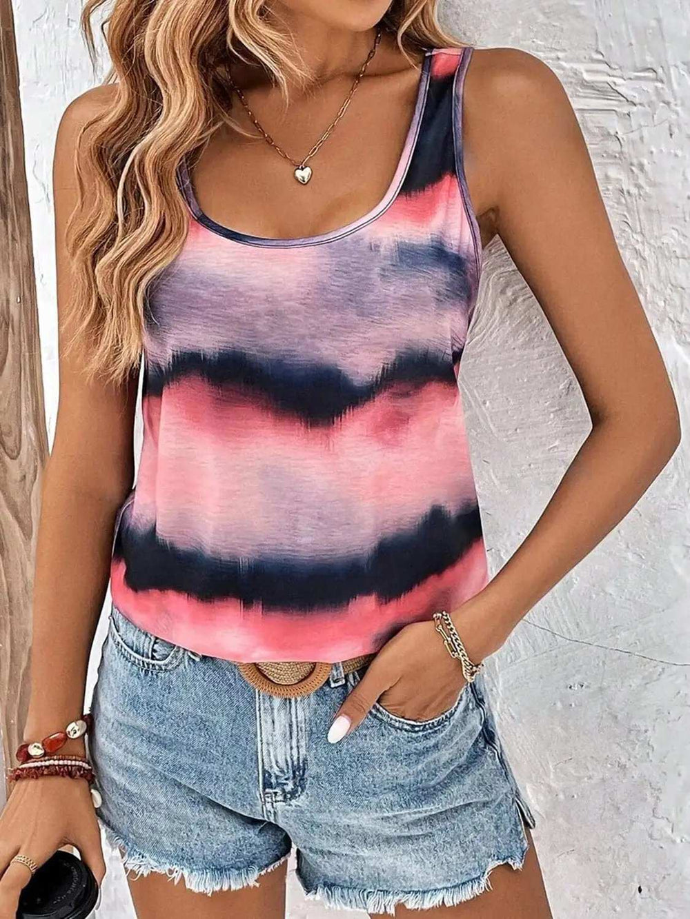 Tie-Dye Scoop Neck Wide Strap Tank - Trendsi - Flyclothing LLC