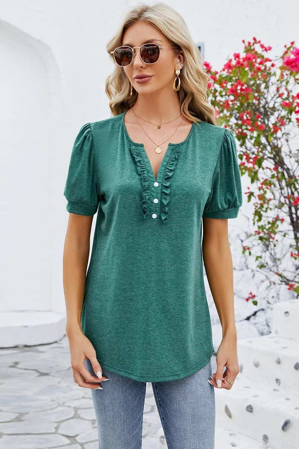 Frill Notched Short Sleeve Blouse - Trendsi - Flyclothing LLC