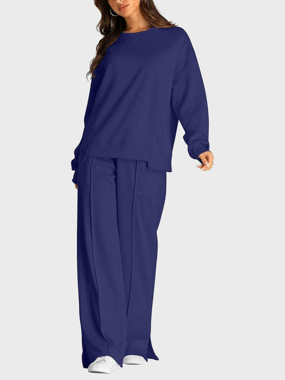 Round Neck Long Sleeve Top and Slit Pants Set - Trendsi - Flyclothing LLC