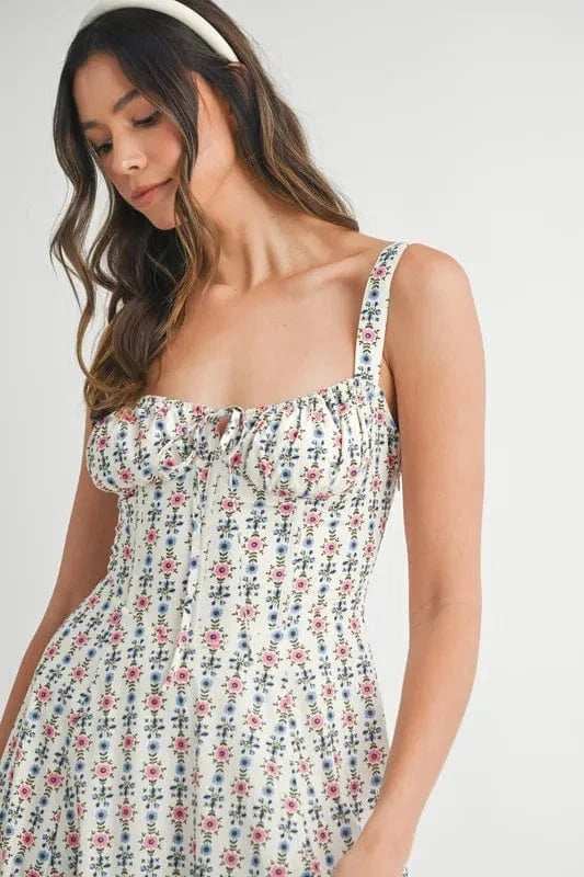 MABLE Floral Print Bustier Back Lace Up Midi Dress - Trendsi - Flyclothing LLC