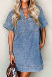Short Sleeve Collared Patched Pocket Denim Mini Dress - Trendsi - Flyclothing LLC