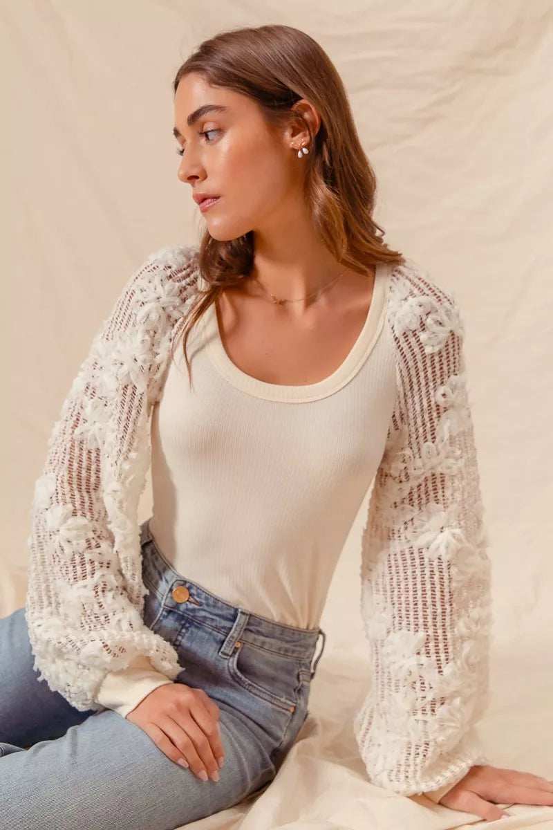 SO ME Rib Knit Top with Lace Balloon Sleeves - Trendsi - Flyclothing LLC