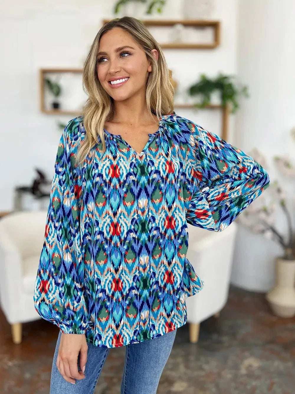 Double Take Full Size Printed Balloon Sleeve Blouse - Trendsi - Flyclothing LLC