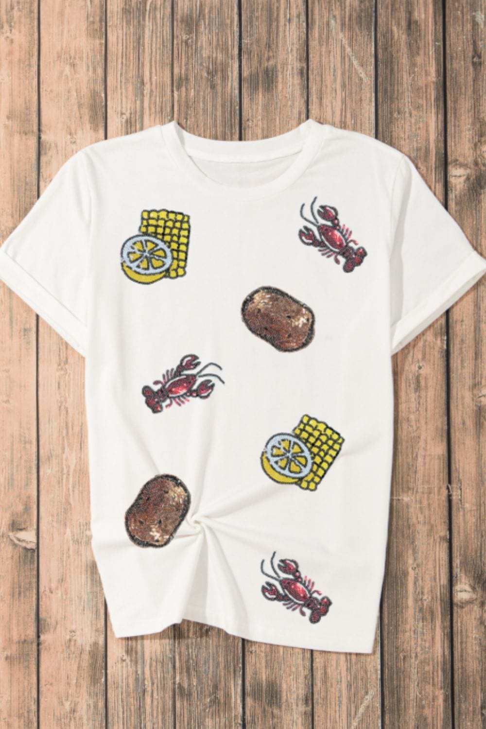 Sequin Crawfish Potato Round Neck Short Sleeve T-Shirt - Trendsi - Flyclothing LLC