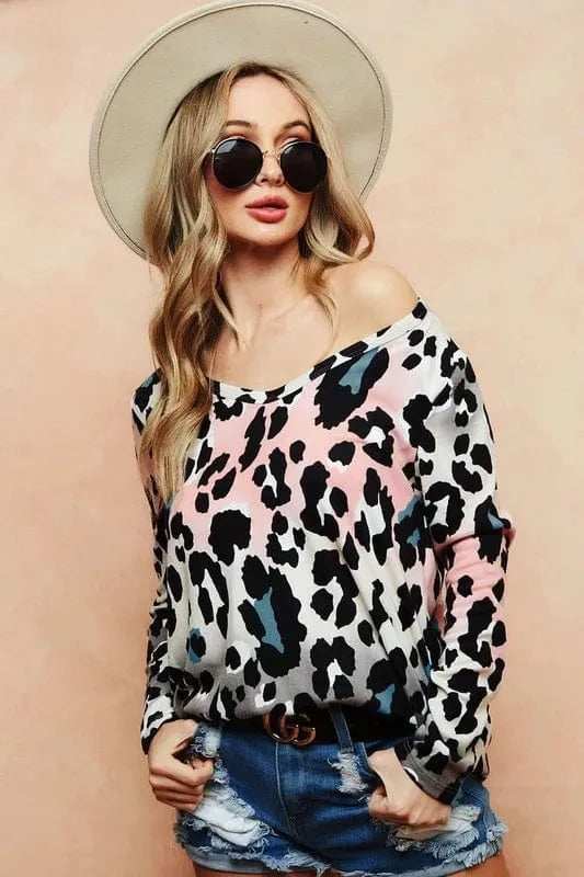 BiBi Gradation Leopard Print Soft Knit Deep U Neck Top - Trendsi - Flyclothing LLC