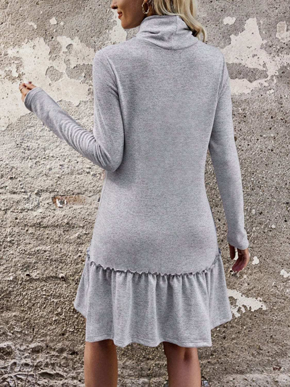 Frill Turtleneck Long Sleeve Dress - Trendsi - Flyclothing LLC