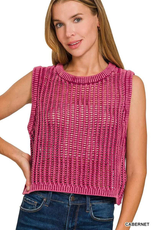 Zenana Acid Washed Fishnet Sweater Vest - Trendsi - Flyclothing LLC