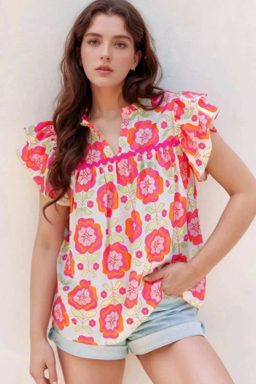 Floral Ruffled Sleeve Ric-Rac Trim Split Neck Loose Blouse - Trendsi - Flyclothing LLC