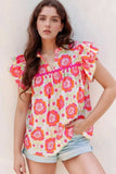 Floral Ruffled Sleeve Ric-Rac Trim Split Neck Loose Blouse - Trendsi - Flyclothing LLC